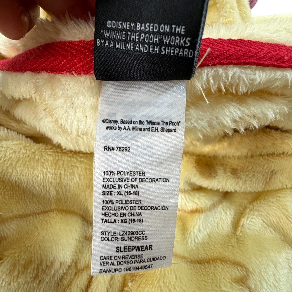 Disney Winnie the Pooh Fleece Hooded One Piece Pajamas Union Suit Yellow XL - Picture 10 of 11
